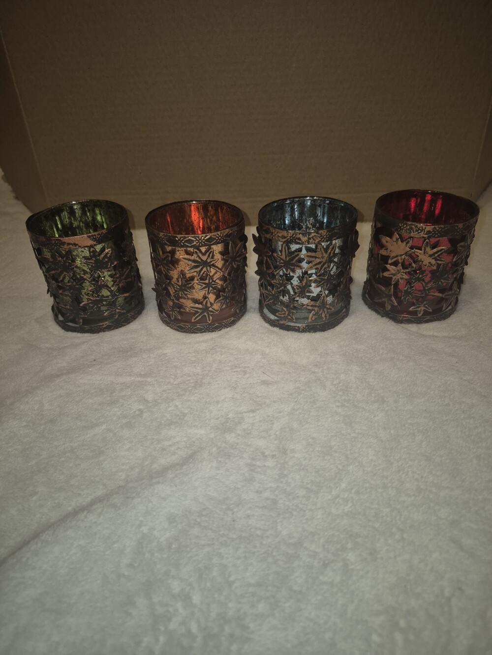 Lot of 4 Autumn Leaf Mercury Glass Votive Tealight Candle Holders Fall Decor